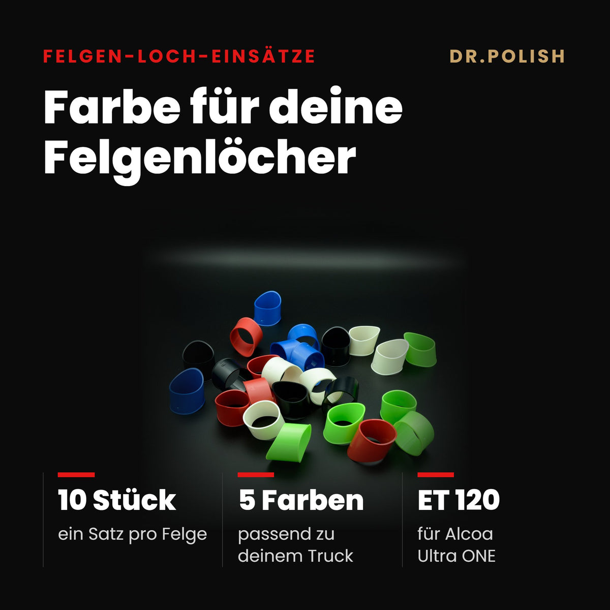 BILLY WHEELY Felgen-Loch-Einsätze für Alcoa Ultra One 22.5x11.75 ET120 (10er-Set) – Hauptbild Vorteile: Farbe für deine Felgenlöcher