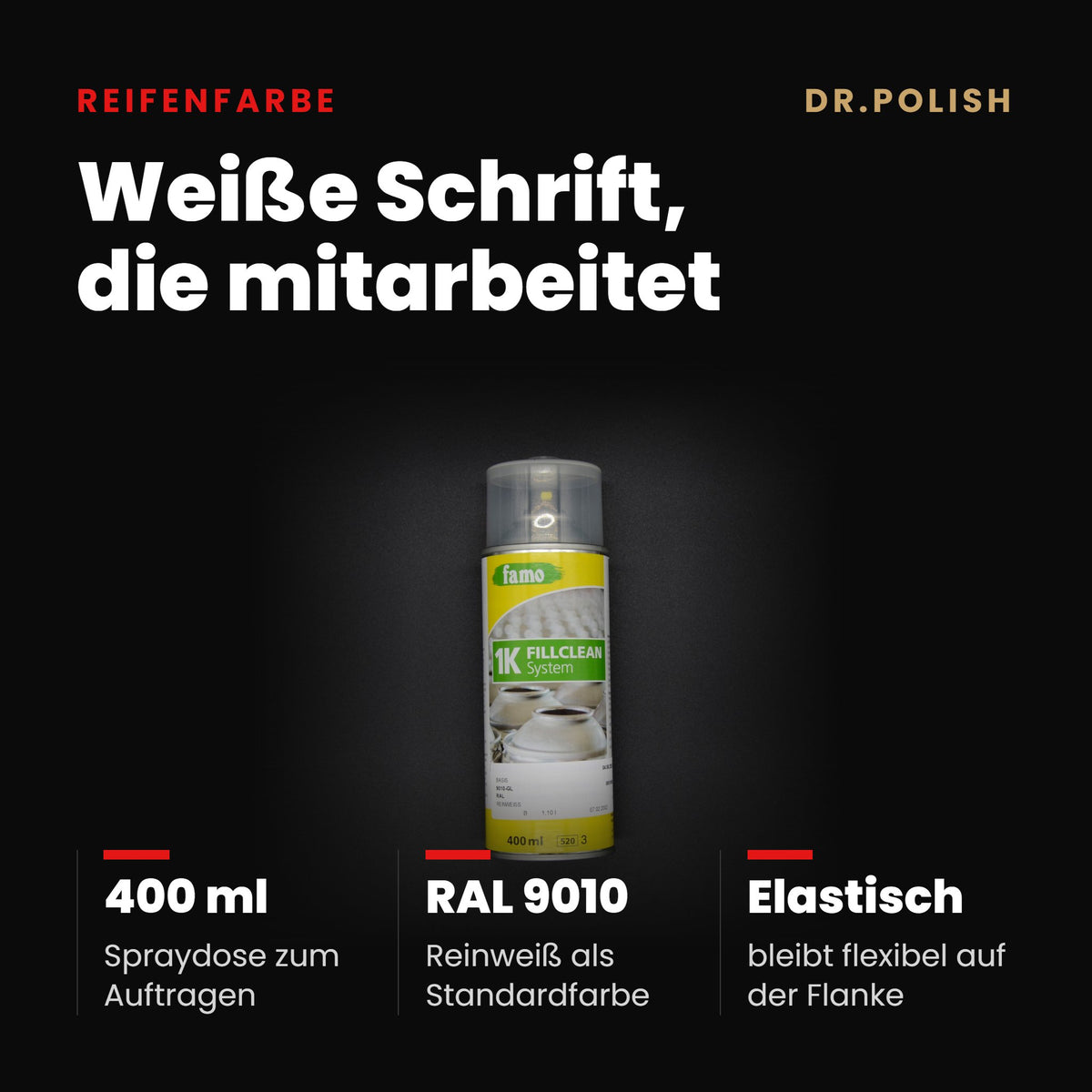 Reifenfarbe – Hauptbild Vorteile: Weiße Schrift, die mitarbeitet