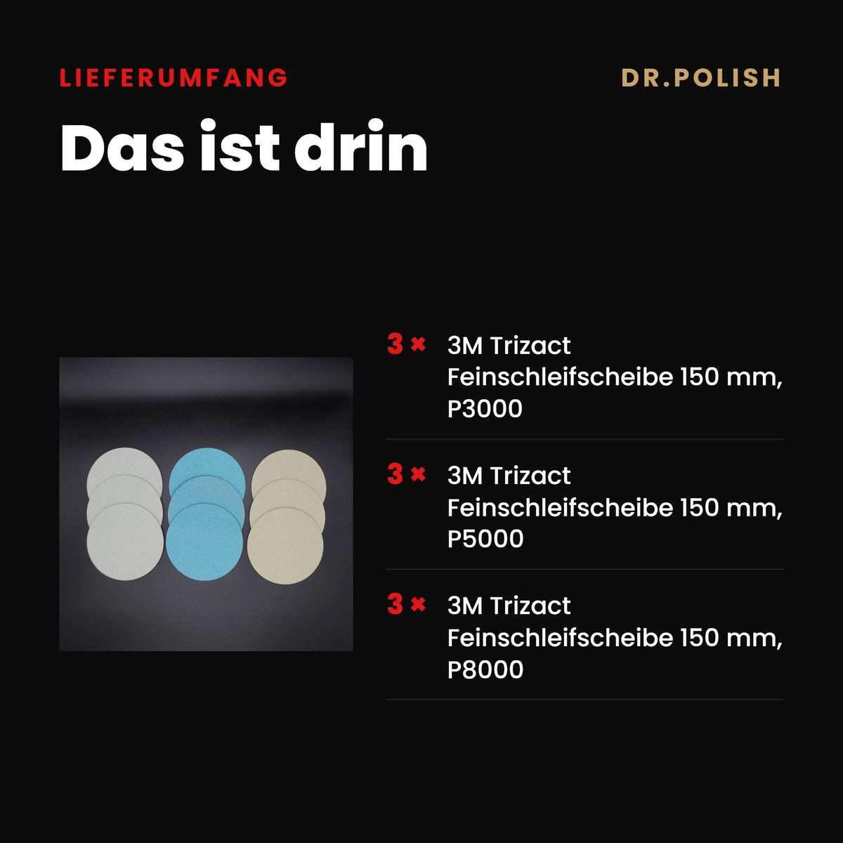 Schleif- und Polierscheiben 9er Set P3000, P5000, P8000 – Lieferumfang: Das ist drin